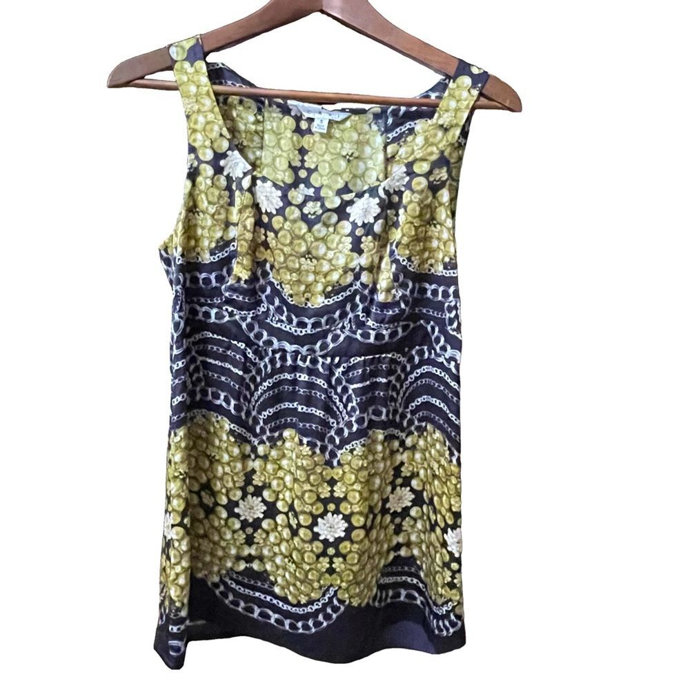 Cabi Tank Top Blouse Pearls & Chains Black & Green 100% Silk Women’s Size Small